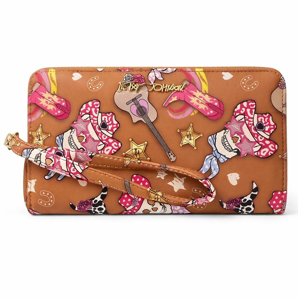 Betsey Johnson Western Cowgirl Skull Print Wristlet Zip Wallet Tan Goth Y2K